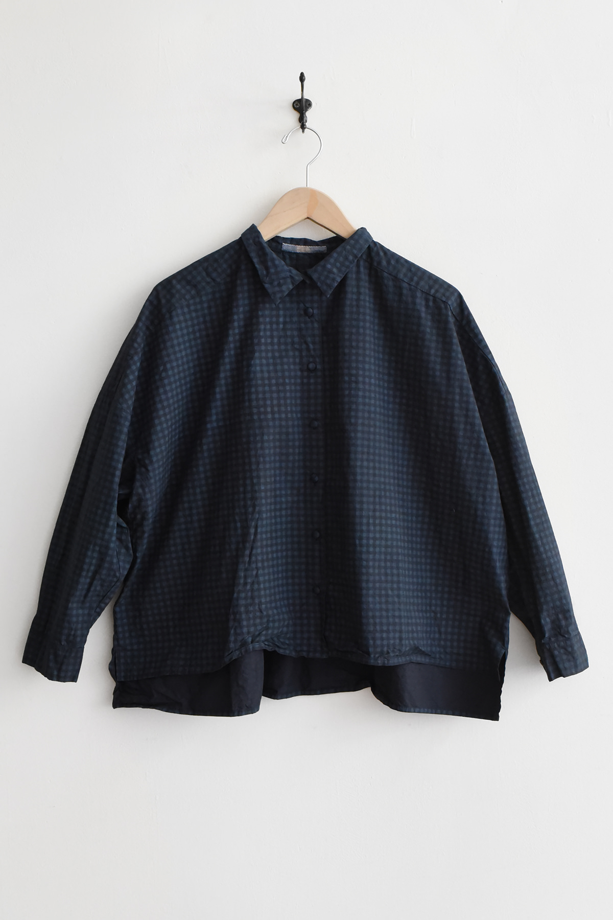 Women's Small collar shirts navy check オープンカラーシャツ