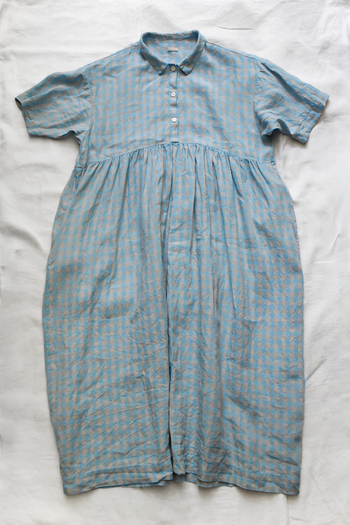 MAKIE / マキエ, Linen Dress Anna - Blue x Lt. Gray Check