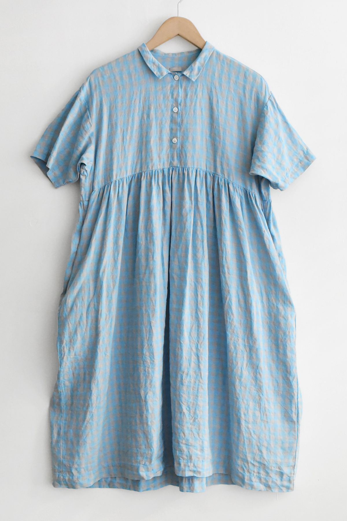 MAKIE / マキエ, Linen Dress Anna - Blue x Lt. Gray Check