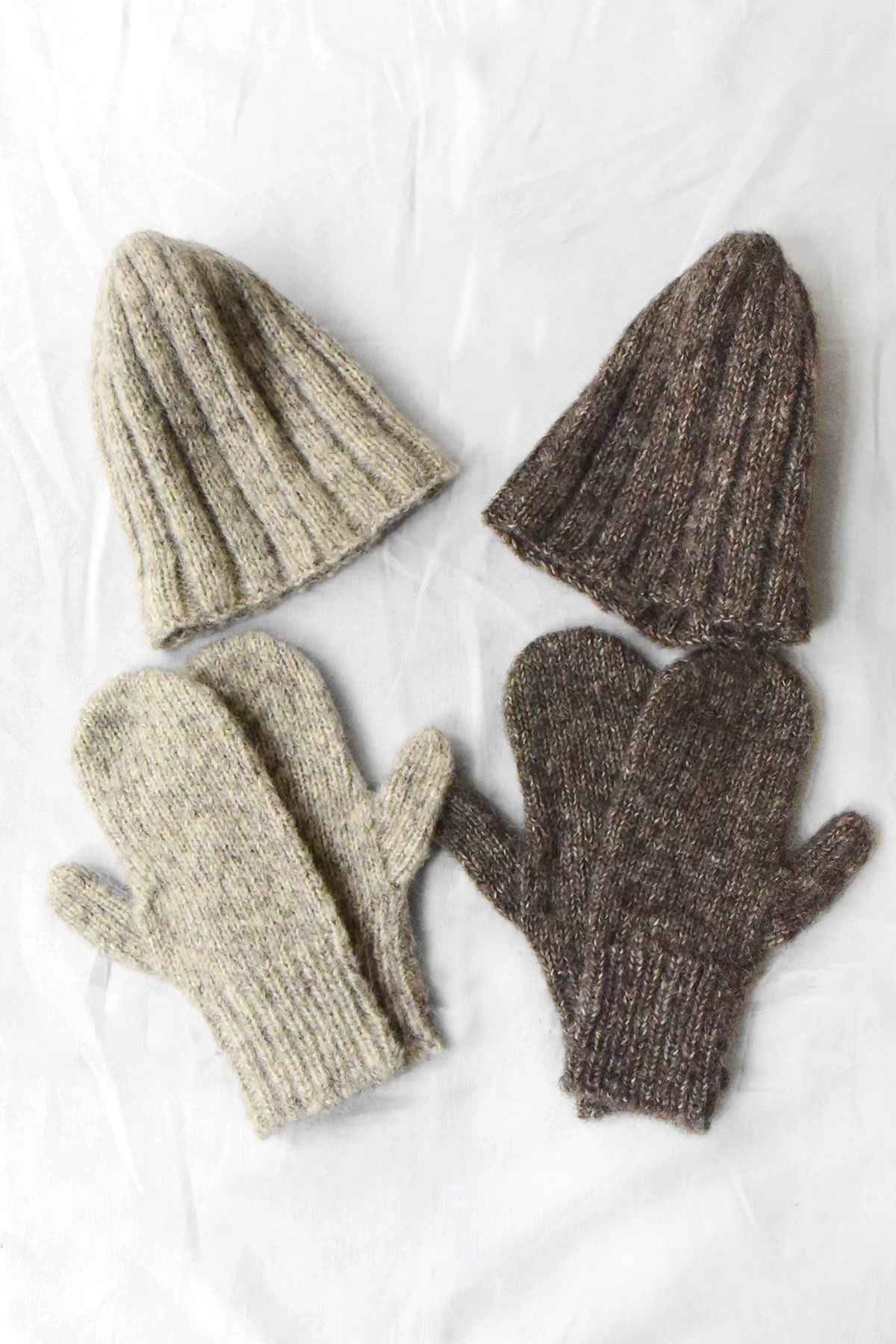 Baby alpaca ribbed knit hat and mittens in Greige and Brown