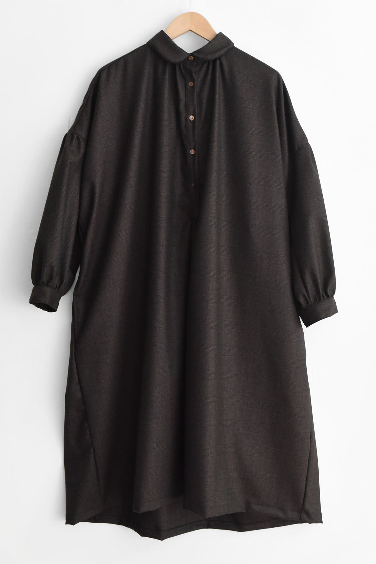 100% wool brown check dress with rounded collar and gathered sleeves